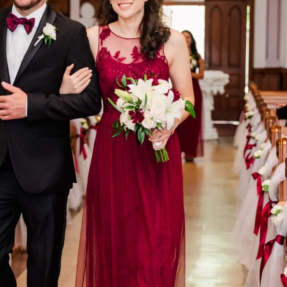 David's Bridal bridesmaid dress with floral embroidery